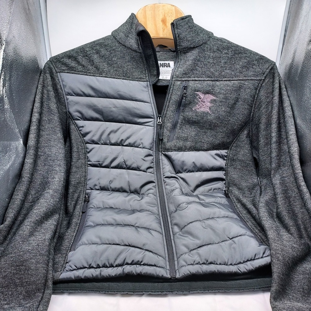 NRA Mens‎ 2XL Full Zip Puffer Jacket Gray Quilted Embroidered Logo